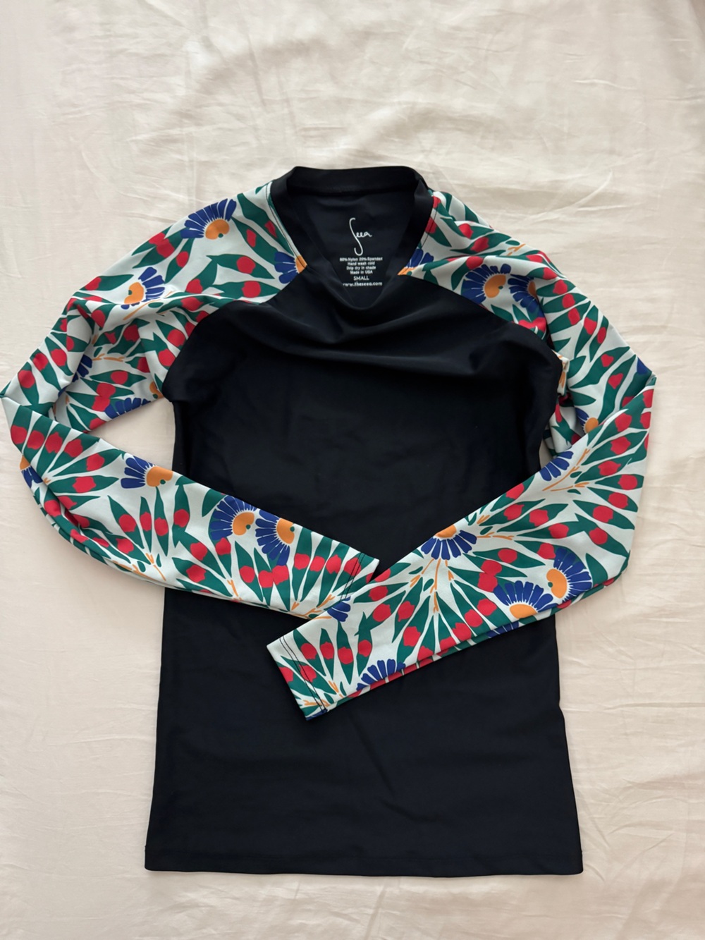 Seea Black Rash Guard Jumpsuit with Floral Multicolor Sleeves